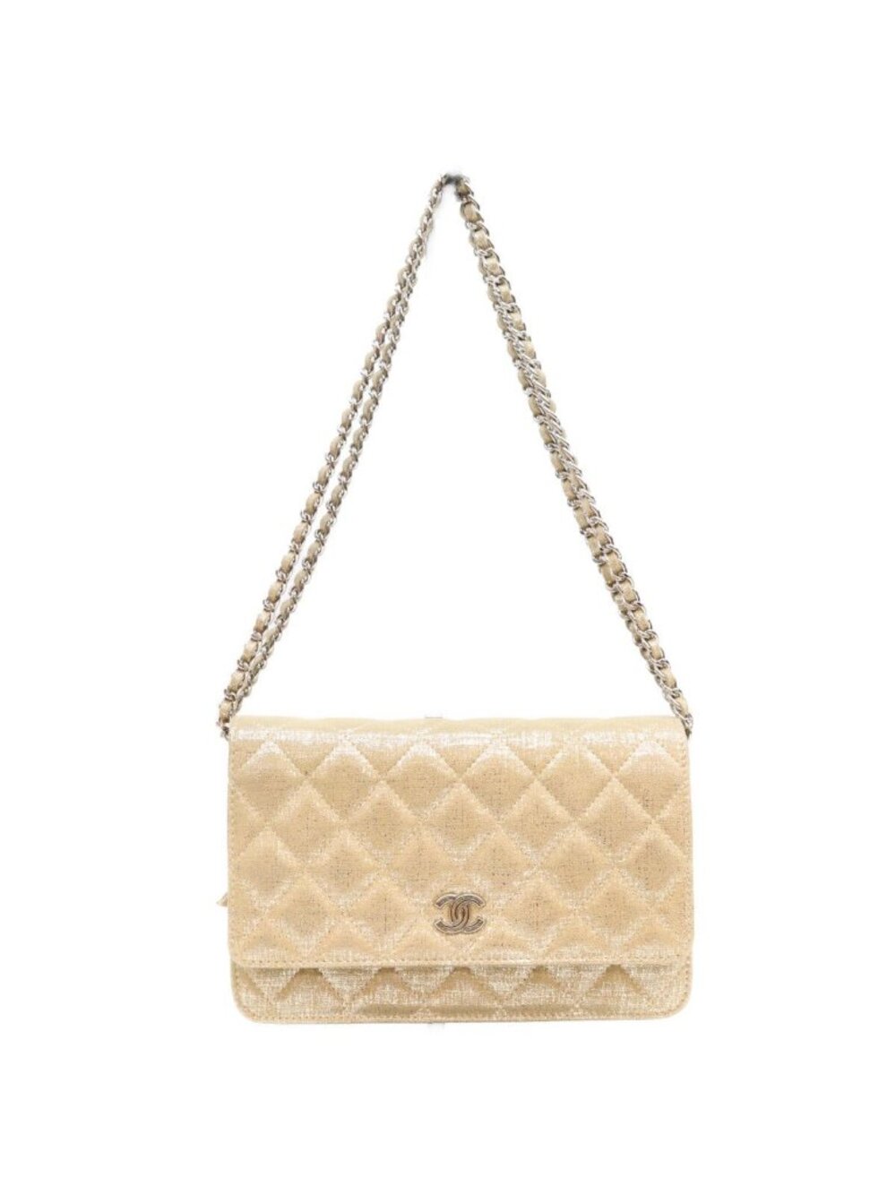 Chanel Gold Leather Silver Quilted CC Logo Chain Wallet on Shoulder Bag
